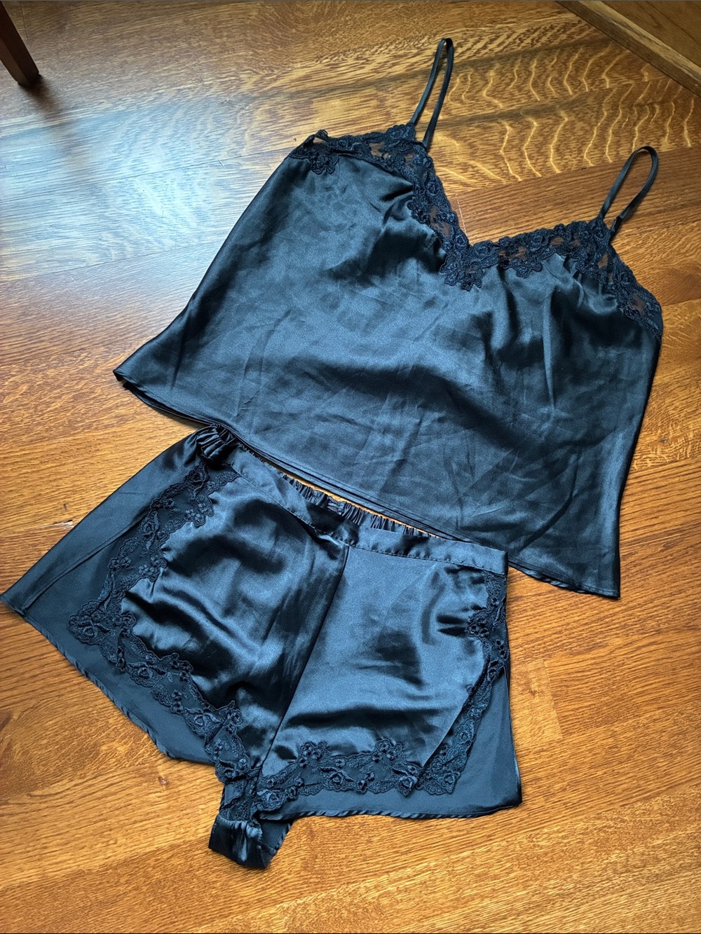 Victoria's Secret Black Satin Lace Cami & Short Set